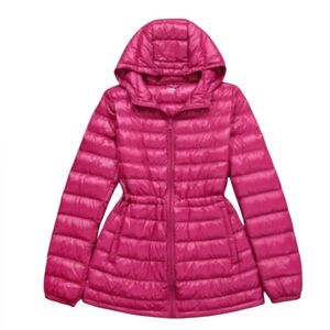 UNIQLO Pink Down Filled Packable Hooded Puffer Coat, Draw string Waist sz Med